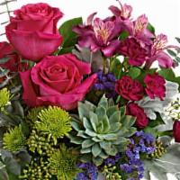 Watercolor Blooms · Dark pink roses, dark pink alstroemeria, miniature purple carnations, green button spray chr...