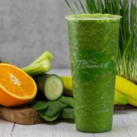 Wheatgrass Smoothie · Kale, spinach, cucumber, celery orange, banana, wheatgrass. 120 calories / 165 calories.