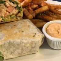 Chicken Philly Wrap · Grilled chicken, sautéed onions, peppers, feta cheese, with touch of chipotle sauce and mozz...