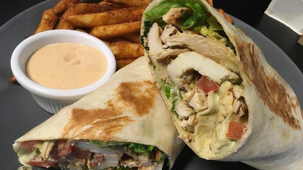 Halloumi Cheese Wrap (V) · Grilled chicken with Halloumi cheese and tomatoes, with a touch of Greek basil sauce.