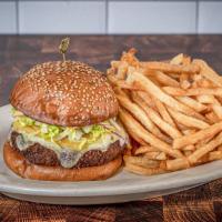 Veggie Burger Royale (Vegan) · roasted veggie & quinoa patty, vegan american cheese, pickled beets, shredded lettuce, red o...