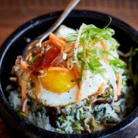 Vegetable Bibimbap · Sushi rice, shiitake mushrooms, edamame, spinach, house-made kimchee, sunny up egg.