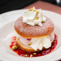 Strawberry Shortcake Doughnuts · strawberry jam, lemon whipped cream, strawberry ice cream, pistachio
