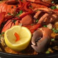 Paella Diablo (Per Person) · Very spicy, shrimp, clams, mussels, chicken, chorizo, sofrito, saffron rice.