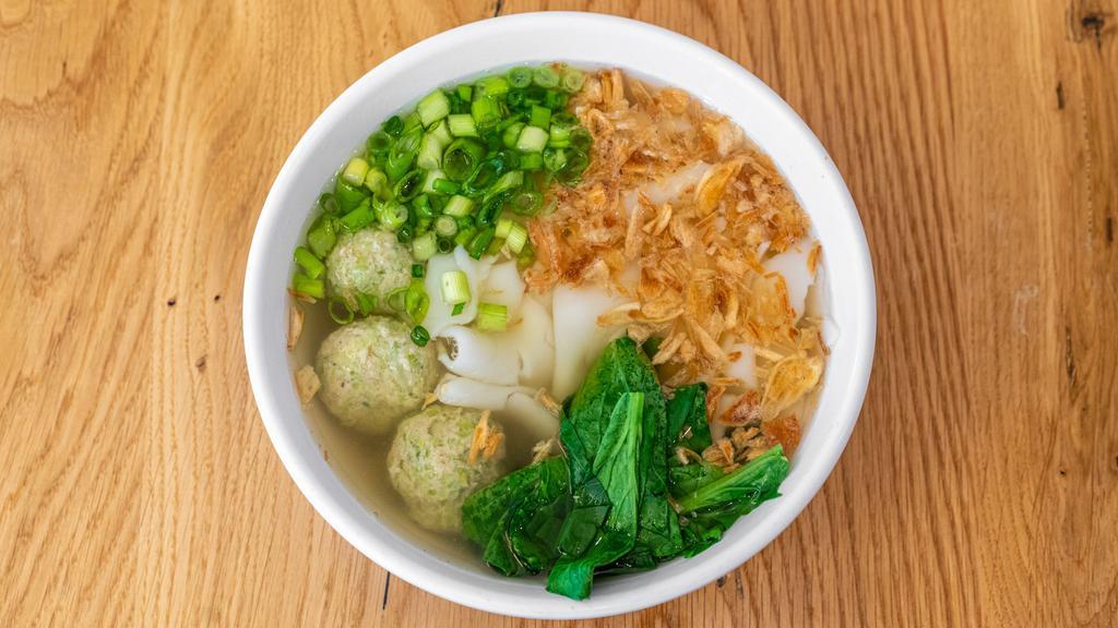 12-Hour Organic Chicken Bone Broth Noodle Soup · Liquid gold! 12-hour simmered organic chicken broth with fresh rice noodles, housemade organic chicken meatballs, bok choy, and topped with crispy shallots.