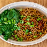 Spicy Dan Dan Noodles · Buckwheat soba noodles, baby bok choy, scallions, tahini, and homemade garlic chili oil. Ver...