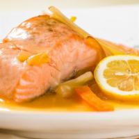 Salmon Affogato · Filet of salmon from faroe island with carrots, onions, and celery in a white wine lemon sau...