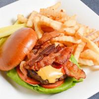 Cheeseburger Deluxe · 1/2 lb. beef burger with melted American cheese, lettuce, tomatoes served with French fries.