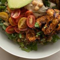 Freekeh Bowl · Organic cracked-wheat base, arugula, avocado, chicken kabob, grilled vegetables, cherry toma...