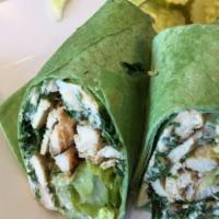 Mediterranean Wrap · Grilled chicken, hummus, lettuce and tabouleh in a spinach tortilla.