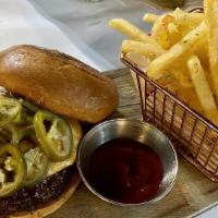 Wagyu Beef Burger · 1/2 lb. wagyu beef, grilled with caramelized onion, pickled jalapeno, cheddar cheese, dill p...