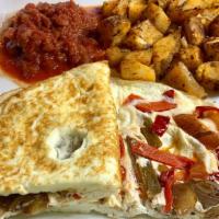 Spanish Omelette · Peppers, Carmelized Onions, Salsa, and 4 Egg Whites.. Gluten-Free.