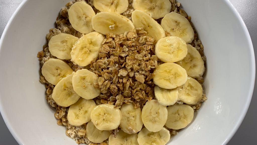 Protein Oatmeal · Cold Oatmeal made with Vanilla Whey Protein & Organic Soy Milk,. topped with Granola, Banana Slices, and Drizzled Honey.