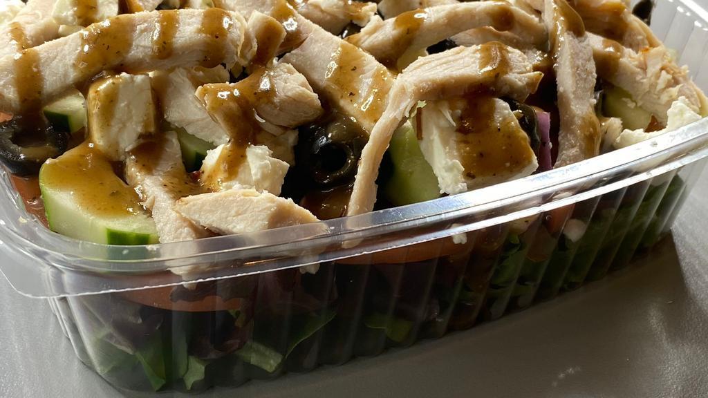Greek Salad · Organic Turkey, mixed greens, tomatoes, red onions, black. olives, cucumbers, and feta cheese with lite balsamic. vinaigrette dressing.. Gluten-free.