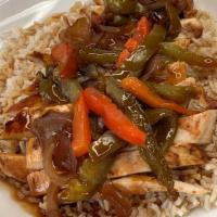 Teriyaki Entree · Grilled meat, peppers and onions tossed in teriyaki glaze.