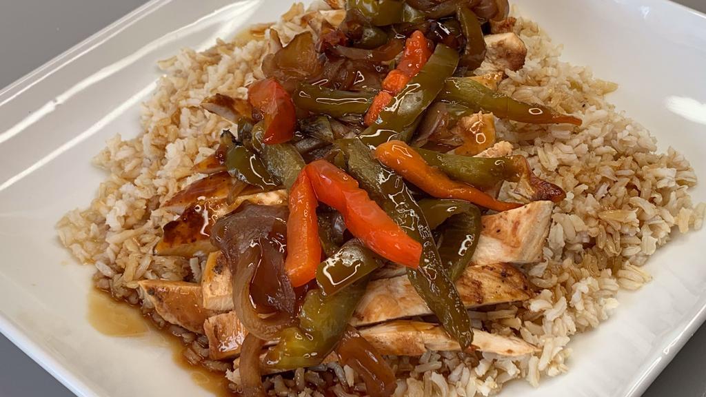 Teriyaki Entree · Grilled meat, peppers and onions tossed in teriyaki glaze.