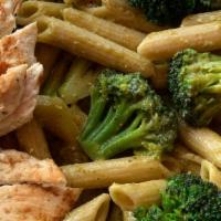 Pasta Pesto Entree · Whole wheat pasta tossed with basil pesto and roasted. vegetables.