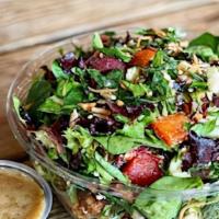 The House · Romaine lettuce, mixed greens, cucumbers, cherry tomatoes, bell peppers, mushrooms, chickpea...
