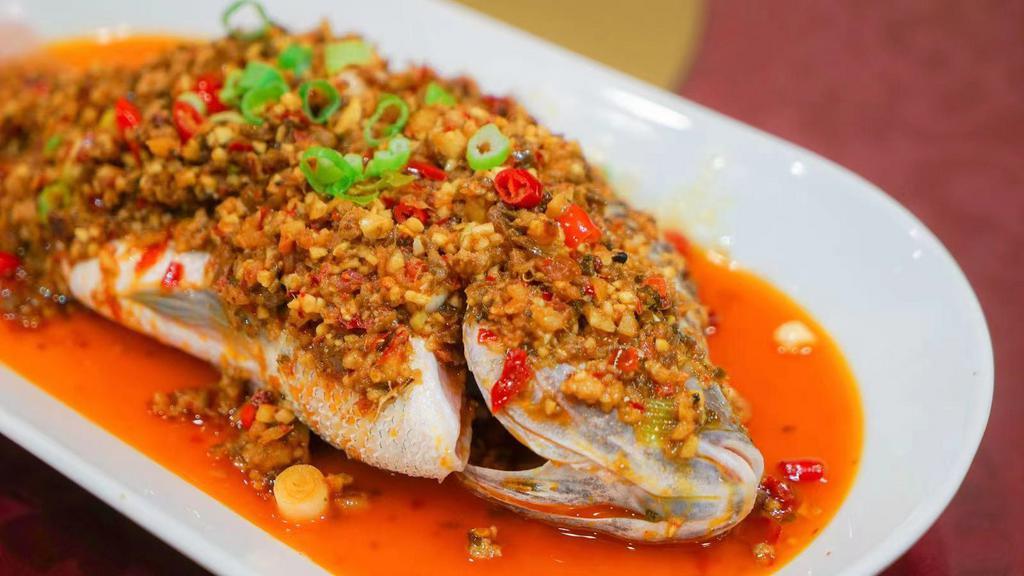Dry Fried Whole Fish Hot Sauce / 干烧全鱼 · Sliced tilapia with fish bone with pork. / 带猪肉末.