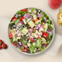 Greek Sleek Salad · Romaine, tomatoes, bell peppers, onions, Kalamata olives, cucumbers, oregano, olive oil, and...