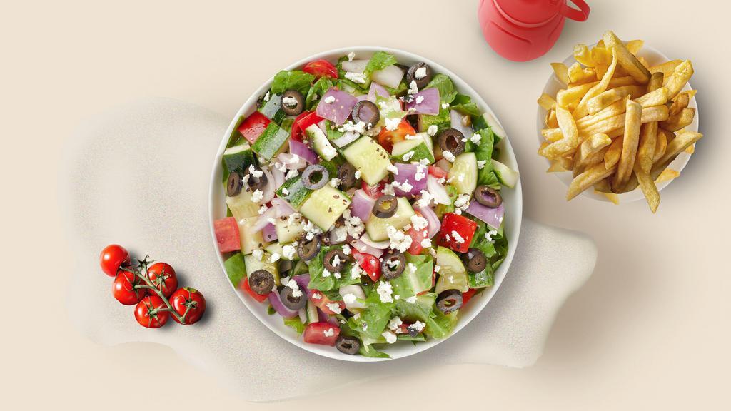 Greek Sleek Salad · Romaine, tomatoes, bell peppers, onions, Kalamata olives, cucumbers, oregano, olive oil, and white vinegar.