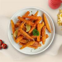 Sweety Spud Fries · Thick-cut sweet potato wedges with salt.