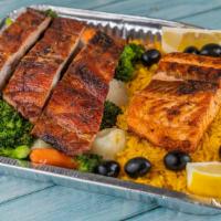 Grilled Salmon Personal Portion · Rich and oily fish. Choose 2 sides. Yellow rice, homemade fries, mixed veggies or sweet plan...