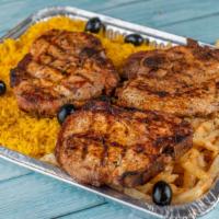 Pork Chops Family Portion · 3 piece thick cut flame broiled pork chops. Choose 2 sides. Yellow rice, homemade fries, mix...