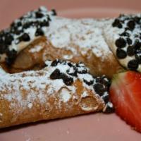 Large Cannoli'S (2 Pieces) · 2 of our large Cannoli shells filled with our homemade Cannoli cream. Finished off with mini...