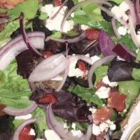 Greek Salad Pie · Lettuce, tomatoes, roasted red peppers, onions, black olives, feta cheese and side of balsam...