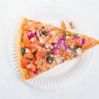Bruschetta Pizza Slice · Thin Sicilian crust topped with diced tomatoes, garlic and basil, onions.