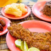 Bistec Empanizado (Breaded Steak) · Includes one rice choice and one side dish of your choice.