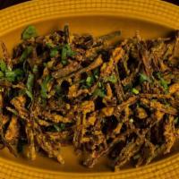Kurkuri Bhindi · Deep fried crispy okra seasoned with chaat masala and a blend of spices and a coating of gra...