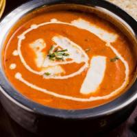 Malai Marke Paneer · Indian cottage cheese in a creamy onion and tomato sauce with dried fenugreek leaves and but...