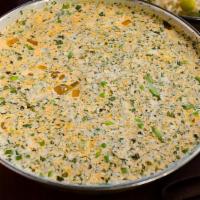 Methi Paneer Mutter · Indian cottage cheese and green peas with fenugreek in a creamy sauce