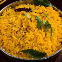 Lemon Rice · Zesty lemon flavored basmati rice with tempered spices, mustard seeds, and curry leaves