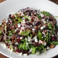 Farmers Market Salad · Mesclun greens, dried cranberries, honey roasted pecans, red. onions, and crumbled goat chee...