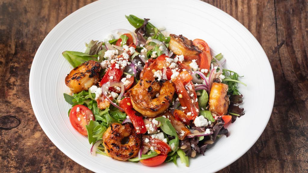 Insalata Di Gamberoni · Grilled jumbo shrimp, mesclun greens, roasted peppers, crumbled. goat cheese, cherry tomatoes, and red onions with balsamic. vinaigrette dressing.