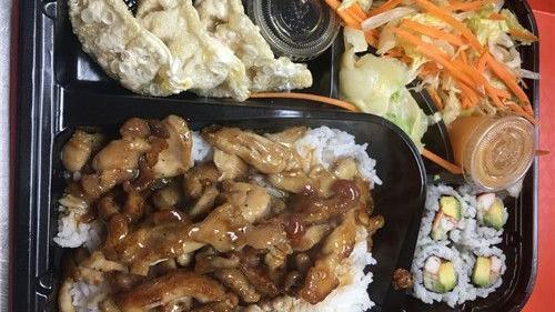Teriyaki Chicken Bento · Served with white rice or fried rice, garden salad, three pieces dumpling, and four pieces California roll.