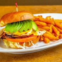 Tavern Grilled Chicken Sandwich · Grilled marinated chicken breast, ripe avocado, grilled eggplant, and smoked gouda.