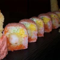 Red Lady · 8pcs. Shrimp Tempura, Spicy Tuna, Mango & Cucumber Wrapped with Soy paper.