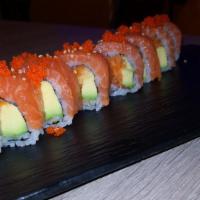 Sake Roll · 8pcs. Spicy salmon, avocado wrapped with salmon and smelt roe on top.