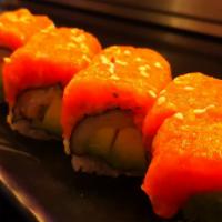 New York Roll · 8pcs. Crab, avocado inside the roll with spicy crunch salmon on top and smelt roe.