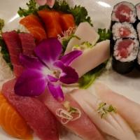 Sushi & Sashimi Combo · Assorted 5pcs sushi, 7pcs sashimi, and 1 tuna roll.