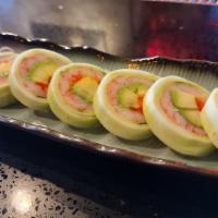 Kani Naruto · Crab stick, avocado, and masago wrapped with thinly sliced cucumber.