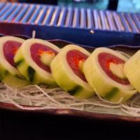 Tuna Naruto · Tuna, avocado, and flying fish roe wrapped with thinly sliced cucumber.