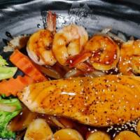 Seafood Teriyaki · Broiled shrimp, scallop and salmon with sweet teriyaki sauce.