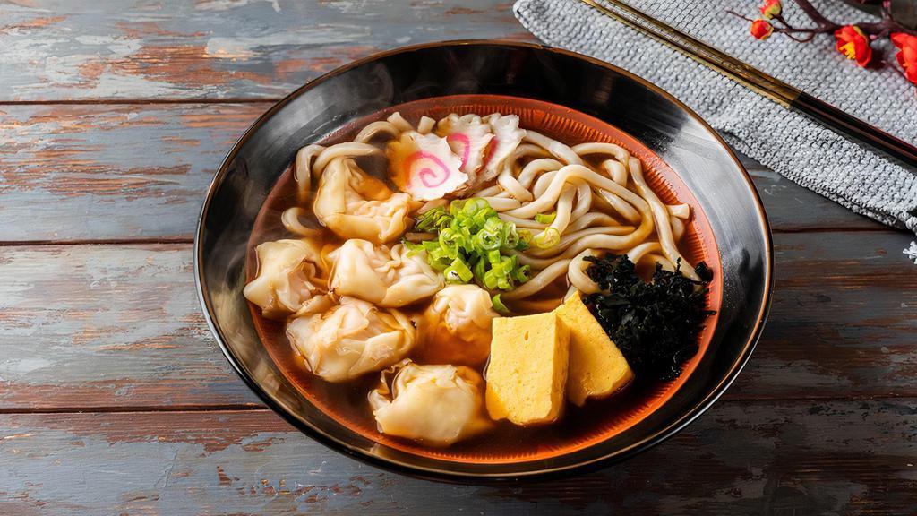 U#(C ) Shrimp Wonton Udon · Shrimp Wonton, wakame, Naruto, Atsuyaki Tamago, scallions and nori with special dashi broth