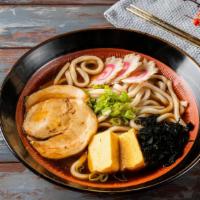 U#(B) Chashu Pork Udon · Chashu Pork, wakame, Naruto, Atsuyaki Tamago, scallions and nori with special dashi broth