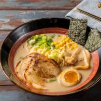 U#1 Tonkatsu Shoyu Udon · Chashu pork, 1/2 marinated egg, wakame, Naruto, Atsuyaki Tamago, scallions and nori.